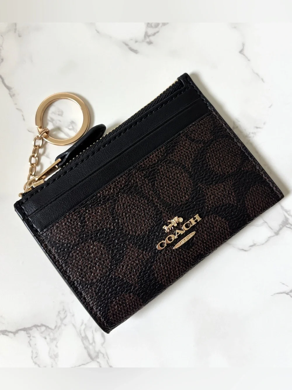 Coach Skinny Mini Id Card Case Keychain Wallet Walnut Black